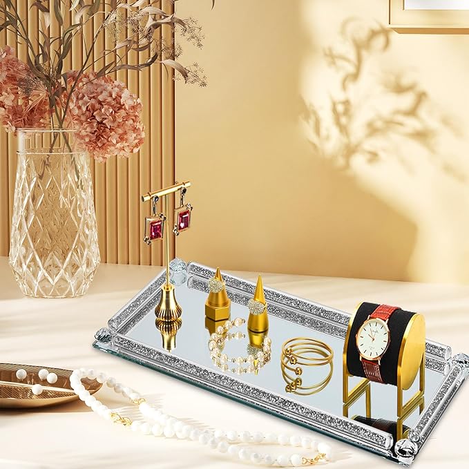 Mirror Perfume Tray for Dresser,Crushed Diamond Filled Glass Vanity Tray, Silver Decorative Bathroom Tray,Crystal Tray for Home Decorative,Party,Hotel Banquet,15.4x7.5x1inch