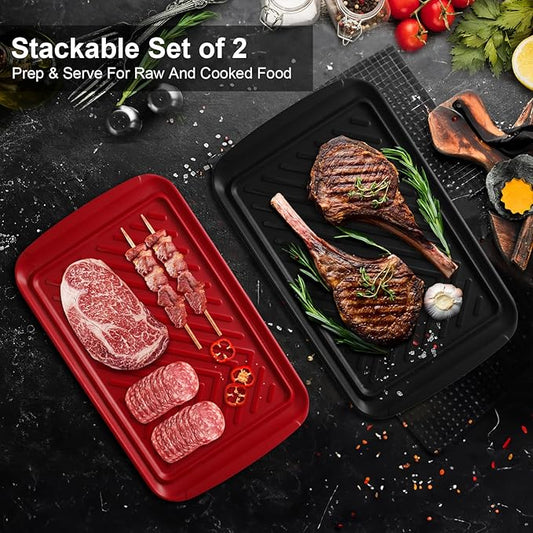 LEHAHA Grilling Prep Trays, Melamine BBQ Prep and Serving Platters and Tray for Outdoor Entertaining, Large Food Serving Trays, Set of 2, 17.2" x 10.5",Great for Grilling Lovers,Black and Red