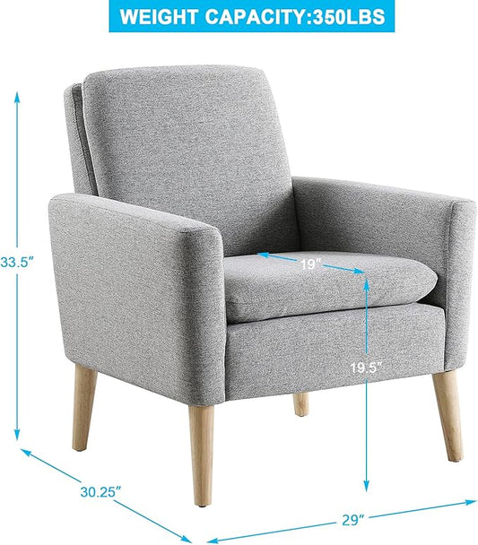 Lohoms Mid Century Modern Accent Chair, Fabric Upholstered Comfy Reading Leisure Chair for Bedroom, Living Room Stuffed Seat Single Sofa Chair with Wood Legs, Grey