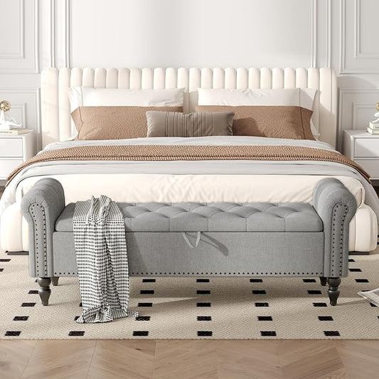 Furniliving 63” End of Bed Bench, Bedroom Bench with Button-Tufted, Large Upholstered Storage Ottoman Benches Entryway Bench with Storage Shoe Cabinet Bench, for Bedroom, Living Room, Linen, Grey