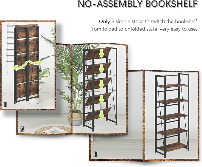 4NM No Assembly Folding Bookshelf, 5-Shelf 62.2" H Collapsible Foldable Bookcase Storage for Small Spaces, Rustic Brown and Black