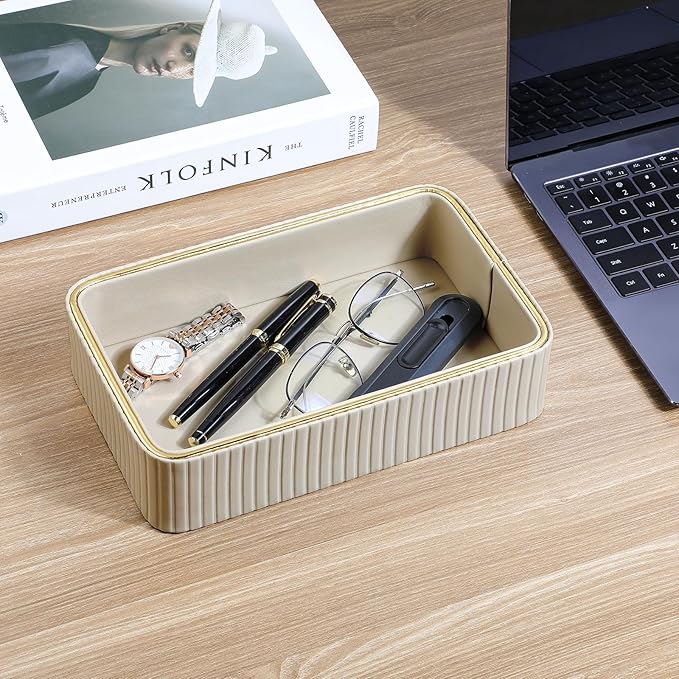 Desk Organizer Tray, PU Leather Valet Tray Nightstand Organizer Cologne Perfume Trays for Men Women, Decorative Vanity Trays Key Bowl Trinket Dish (Beige, 9.5" x 6" x 2.2")