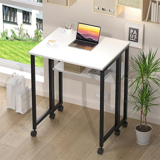 GreenForest Folding Desk Small Rolling Desk with Storage Shelf, 24.8 inch Foldable Computer Desk with Wheels for Small Space, Easy Assembly,White
