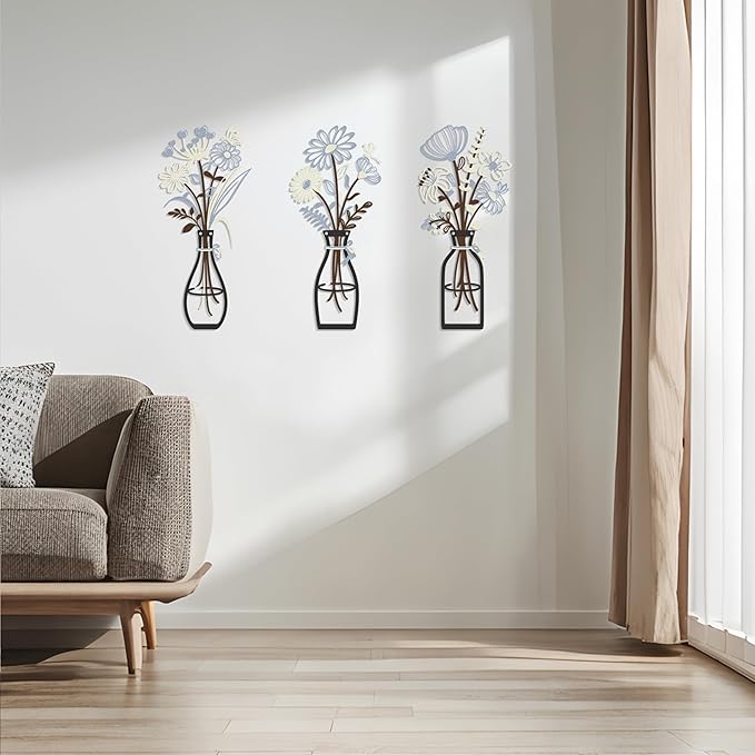 Iron Metal Vase Flower Wall Art Minimalist Black Floral Decor for Living Room Bedroom Kitchen, Office Garden - Modern Farmhouse Home Decor & Housewarming Gifts (Beige-Blue No Text)