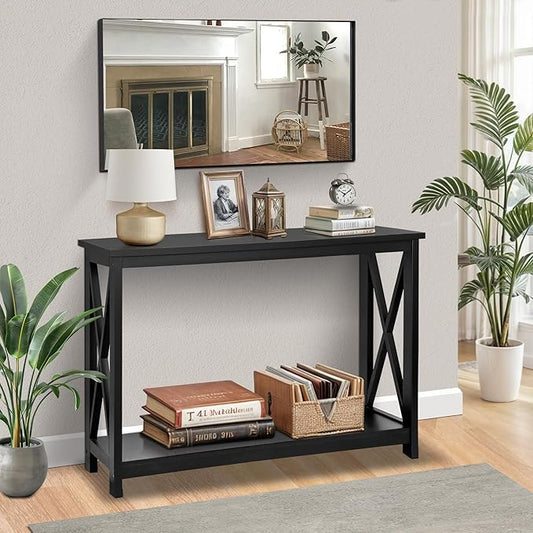 SUPER DEAL Console Table 39.5”, 2-Tier Narrow Sofa Side Table with Storage Shelf, Entrance Table for Hallway/Foyer/Living Room/Corridor/Office, Black