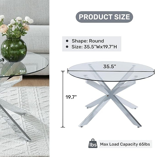 Round Glass Coffee Tables for Living Room, Home Office, Modern & Simple Center Table with Clear Tempered Glass Top, 35.5" Wx19.7 H Silver