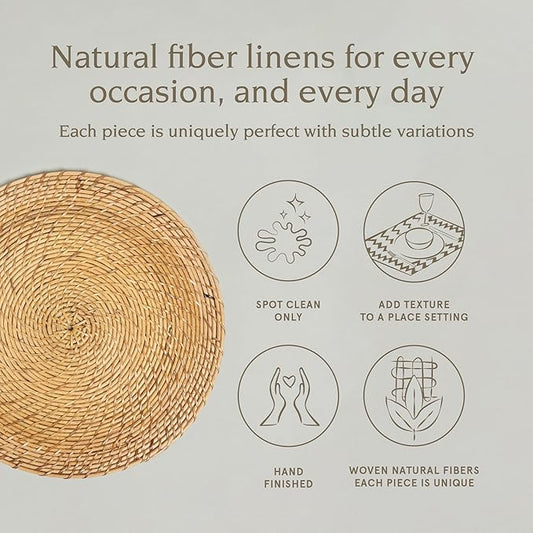 Over&Back Set of 2 Natural Rattan Round Placemats - Hand-Made Dining Table Charger/Mat - Made with Natural Fibers - Kitchen and Home Decor - 15" Diameter - Brown