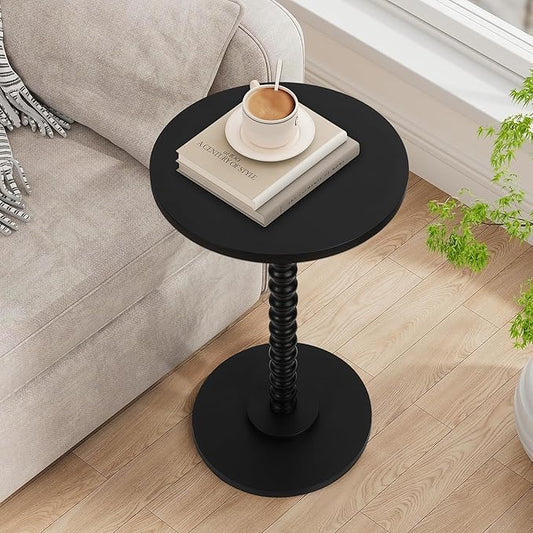 Round Side Table, Small End Table for Small Space, Modern Accent Table with Solid Wood Leg, Easy Assembly for Living Room, Bedroom, Corners, and Office (Black)