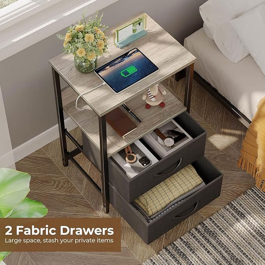 Seventable Nightstand Set of 2 with Charging Station, Bedside Table with LED Lights, Night Stand with 2 Fabric Drawers, 3-Tier Storage End Table for Bedroom, Greige
