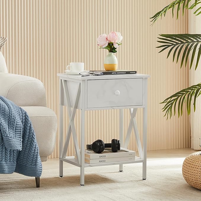 VECELO Nightstands Set of 2, Modern Bedside End Tables, Night Stands with Drawer and Storage Shelf for Living Room Bedroom, Industrial Metal Frame