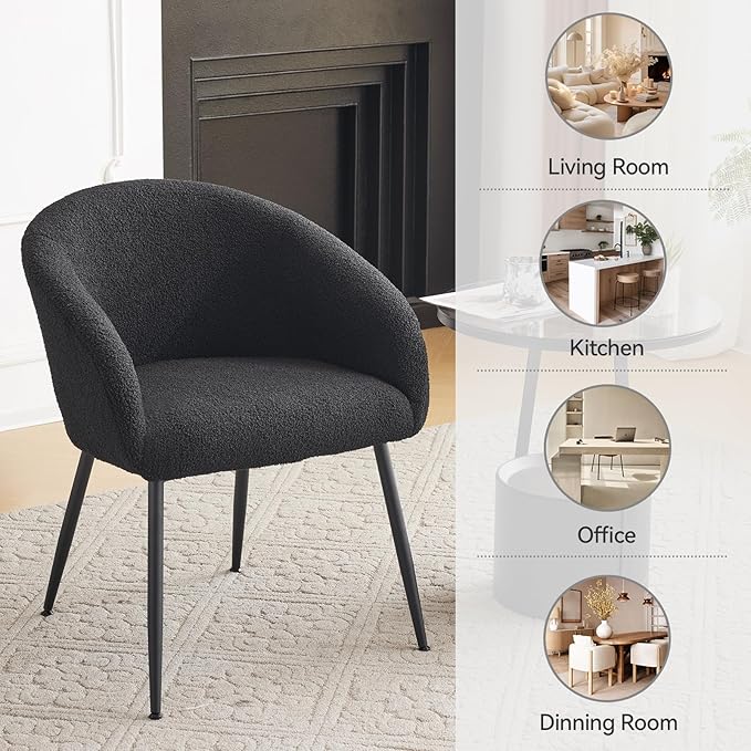 Modern Small Accent Chair Set of 4, Comfy Sherpa Makeup Vanity Chair with Metal Legs, Decorative Dining Chair no Wheels for Living Room, Dressing Room, Bedroom, Black