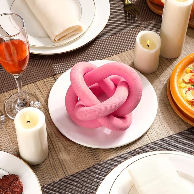 3 Link Wood Knot Decor - Hand Carved Coffee Table Decoration, Boho Chain Link Decor, Modern Shelf, Rustic Objects for Home Living Room Bedroom(Pea-Pink)