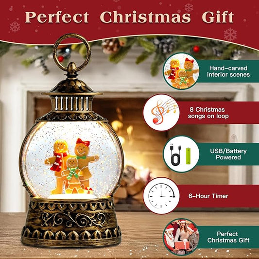 Christmas Snow Globe,Gingerbread Man Musical Snow Globe Lantern Lights with 6H Timer Battery & USB Powered, Retro Style Holiday Glitter Globe for Xmas Home Decoration Holiday Party Gifts