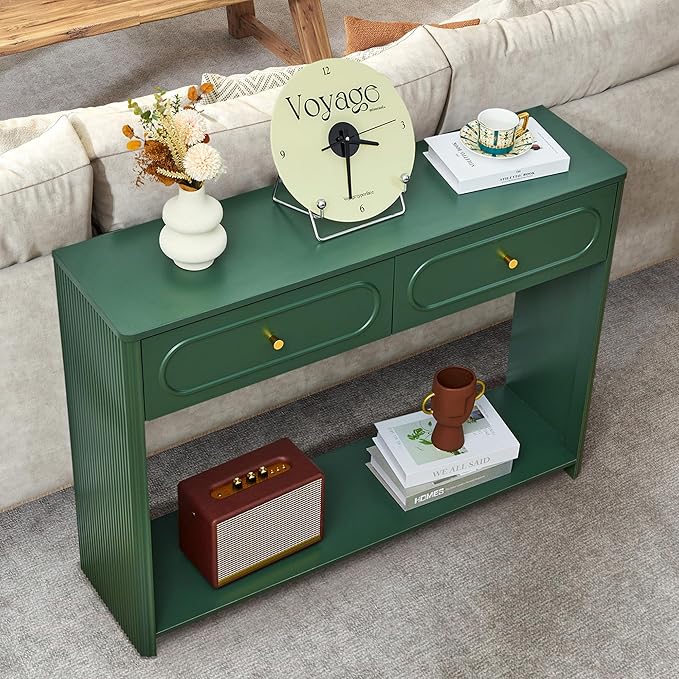Fluted Console Table with Drawers, Mid-Century Narrow Entryway Table with Open Storage Shelves, Hallway Accent Tables Behind Couch Tables for Living Room (Green)
