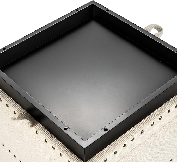 Adeco 18" White Square Storage Ottoman with Tray, Modern Cube Ottoman Coffee Table for Dorm, Bedroom