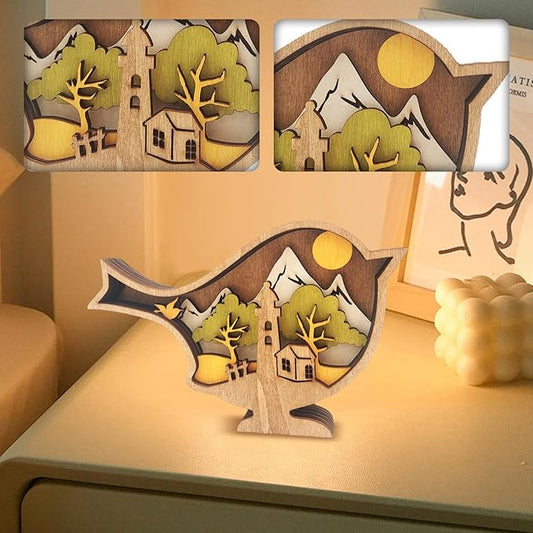 Drawelry 3D Wooden Carving Animals Lamp - Creative Fox Squirrel Wood Carved LED Night Light Garden Yard Wooden Animals Sculpture Ornaments Desktop Home Decor Birthday Gifts for Family Friend (Bird)