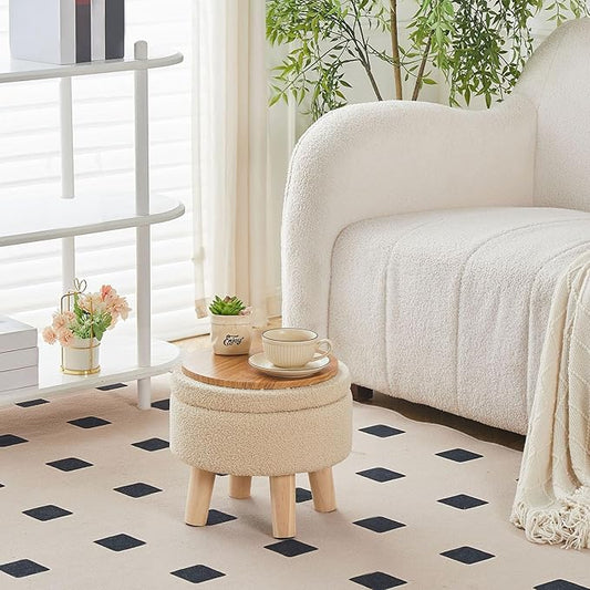Wimarsbon Storage Ottoman, Modern Round Footrest with Soft Padded Seat, Teddy Velvet Footstool with Wood Legs, Accent Small Table or Plant Stand for Hallway, Living Room (Off-White)