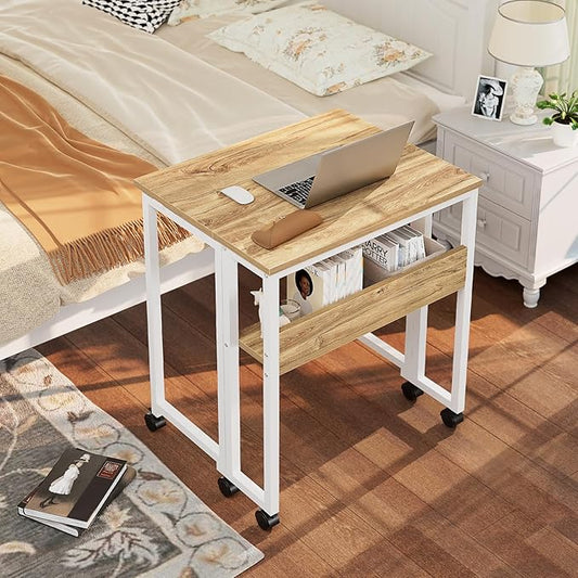 GreenForest Folding Desk Small Rolling Desk with Storage Shelf,24.8 inch Foldable Computer Desk with Wheels for Small Space,Easy Assembly,Oak