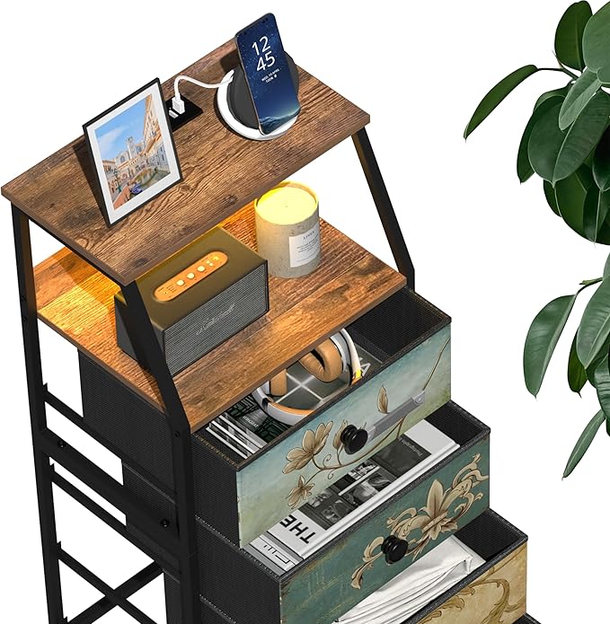 Tohomeor Nightstand with Fabric Drawers Dresser with 2 Tier Shelf Storage Tower for Bedroom Hallway Entryway Closet Organizer Sofa Beside Table Furniture (Multi, 5 Drawers)