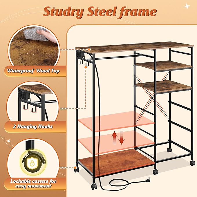 WLIVE Dresser with Hanging Rack for Bedroom, 3 Drawer Dresser with LED Lights & Charging Station, Fabric Dressers & Chest of Drawers, Storage Organizer with Open Shelves for Living Room, Brown