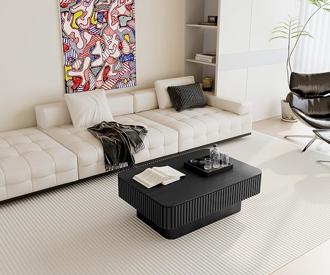 38.6'' Lift Top Fluted Coffee Table with Hidden Compartment, Modern Rectangular Wooden Center Table Cocktail Tea Table with Storage and Adjustable Height for Living Room Apartment, Black