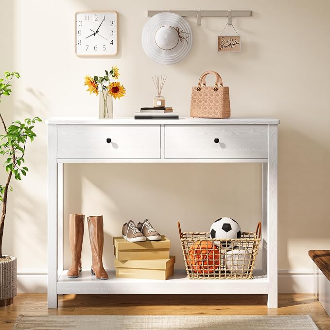 Gizoon Console Table with Drawers, Sofa Table with Storage Shelves, 2-Tier Wooden Entryway Table for Living Room, Kitchen, Hallway, Foyer, White