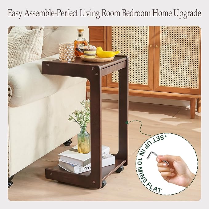 Wood Side Table for Couch - C Shaped Rolling End Table with Wheels, Wooden Modern Small Tv Tray Bedside Tables with Drawer for Sofa Armchair Living Room Bedroom, Walnut, 13 in x 14.4 in x 26 in