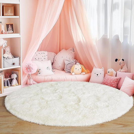 3'x3' Cream Round Rugs for Girls Bedroom, Ultra Soft Fluffy Circle Rug for Kids Room, Cute Small Shag Rugs for Living Room Playroom Tent Castle Home Decor Rug
