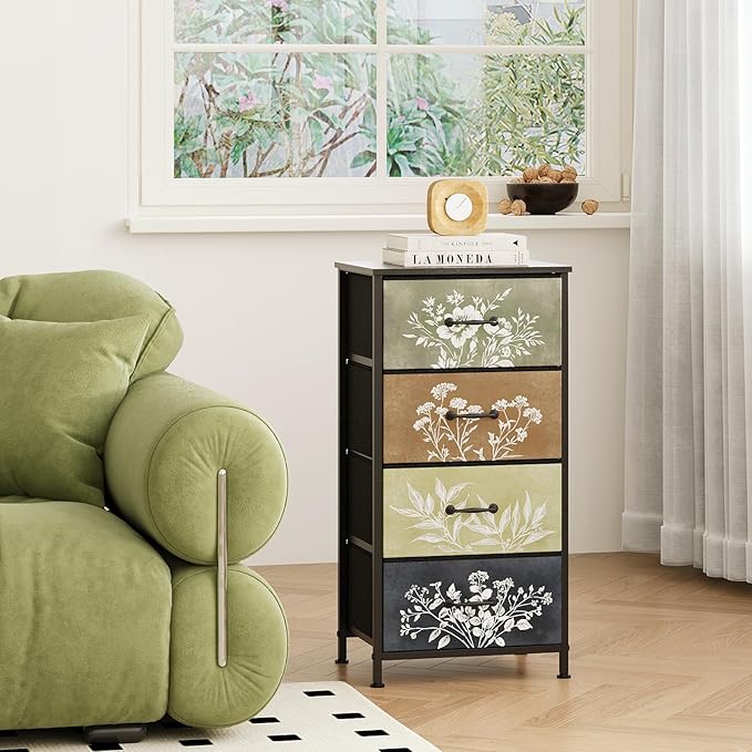 Tohomeor Vintage Dresser Vertical Nightstand with Neutral Botanical Plant Fabric Chest Drawers for Closet Bathroom Storage Tower Unit Bed Side Organizer Farmhouse Rustic (Multi, 4 Drawers)