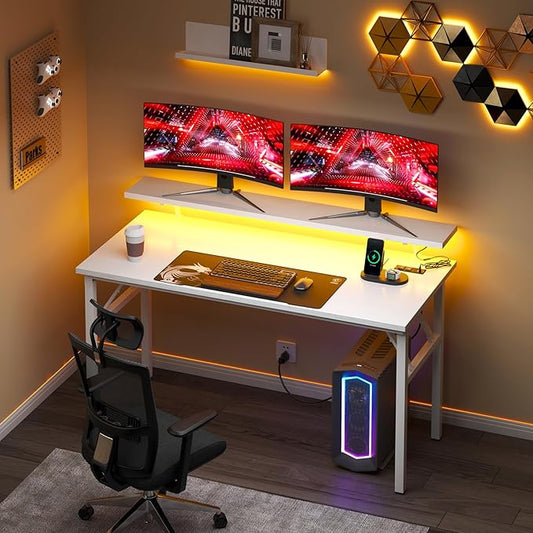 DlandHome Computer Desk 47’’ with LED Lights & Power Outlets,Folding Desk with Monitor Stand, Writing Desk Home Office Desk, Fully Assembled,White