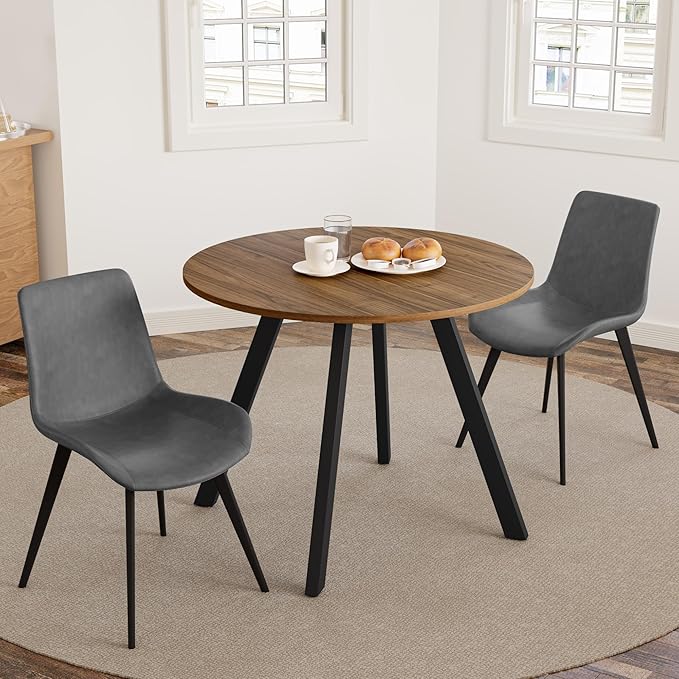 34.6'' Dining Table and Chairs for 2, Mid Century Modern Round Table Set, Space Saving for Apartment Kitchen Dining Room (Walnut Table+2 Grey Chairs)
