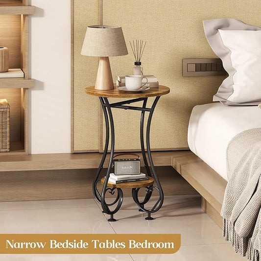 Side Table,Small Round End Table with Lower Shelf for Small Spaces,Round Bedside Nightstand Table with Metal Frame,Couch Sofa Coffee Tea Table,Retro Accent Drink Table for Living Room Bedroom Balcony