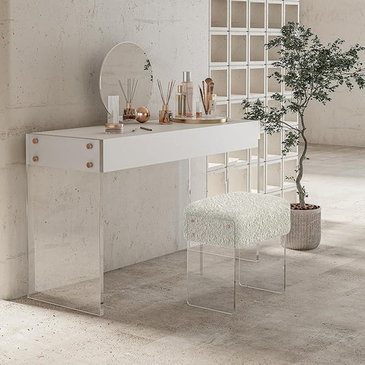 Vanity Stool Chair and Pouf Ottoman-Modern Multifunctional Vanity Stool and Foot Rest with Wool and Acrylic Leg for Makeup Room, Living Room, Bedroom