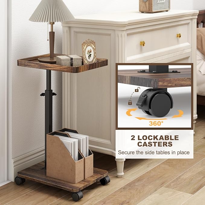 C Shaped End Table Adjustable Height, Couch Tables That Slide Under with Wheels, 360° Swivel C Side Table for Couch, Sofa, Living Room, Bedroom, Small Spaces (Walnut Veneer)