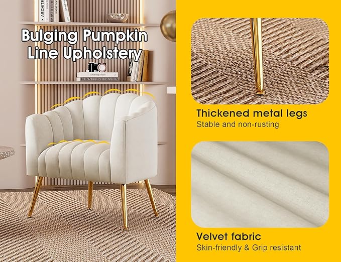 Oversized Pumpkin Couch Accent Chair, Modern Comfy Velvet Upholstered Barrel Chairs, Luxury Single Sofa Armchair for Living Room, Waiting Room, Office and Vanity, (Beige)