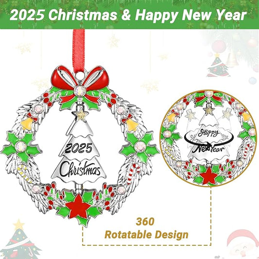 Christmas Ornament 2025 Decoration for Xmas Tree Hanging Metal Christmas Wreath with Rotatable Tree Dated 2025 Shiny Silver Ornaments Holiday Decorative Xmas Gifts for Family Friends