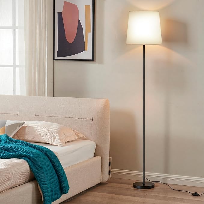 Floor Lamp with White Fabric Shade - Color Chaning Standing Lamp with Foot Switch, 3 Color Temps, 9W E26 LED Bulb Included, 62" Floor Reading Light for Living Room Bedroom Office Corner