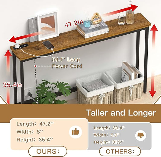35'' High Behind Couch Table, Narrow Console Table with Outlet, Sofa Table for Entryway Hallway, Living Room, Brown