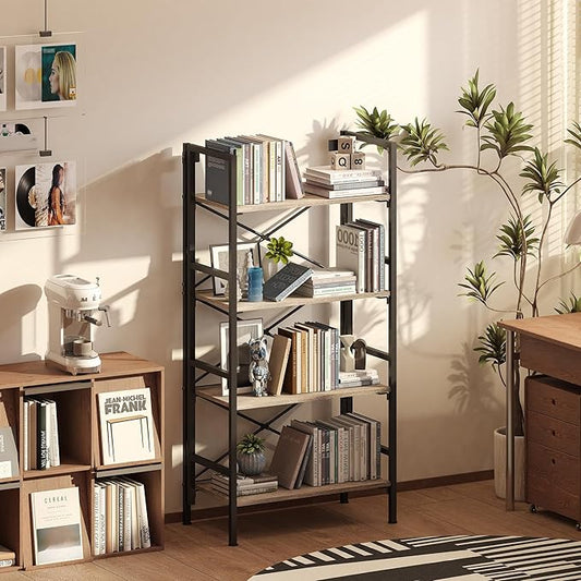 Folding Bookshelf,4 Tier Bookcase Foldable Shelf with X-Bracket Design, Adjustable Feet, Space Saving Storage for Living Room, Office, Brownish