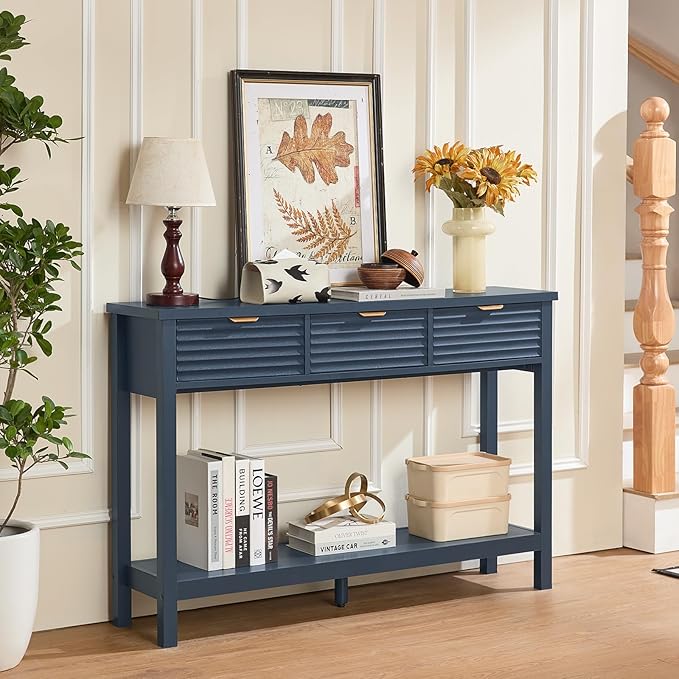 LEYAOYAO Fluted 47.2" Console Table with 3 Drawers, Modern Wood 2 Tier Entryway Table with Open Storage Shelf, Sofa Entry Tables Behind Couch for Living Room, Hallway, Entrance Foyer, Dark Navy Blue