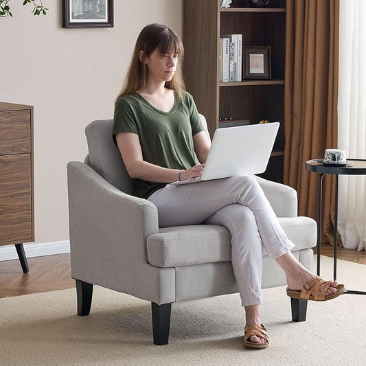 Bezseller Modern Accent Chair, Upholstered Reading Armchair with Wood Legs, Mid-Century Leisure Comfy Single Sofa Chair for Living Room, Bedroom, Home, Office, Light Grey