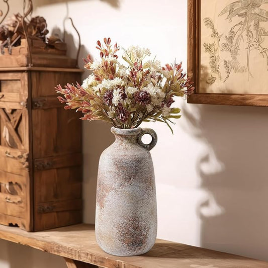 Sunddo 10 Inch Rustic Terracotta Ceramic Vase, Farmhouse Vintage Flower Vase with Handle, Centerpiece Table Decorations, Living Room Kitchen Bedroom Desk Shelf Decor Gift