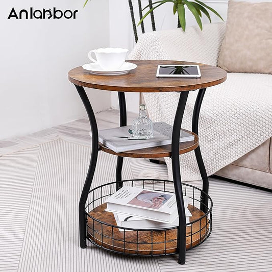 Round Side Table,3 Tier End Table with Storage Shelves for Living Room, Accent Sofa Couch Table for Small Spaces,Nightstand with Metal Frame for Bedroom, Rustic Brown - 19.7"