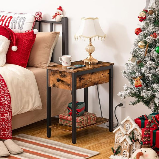 HOOBRO End Table with Charging Station, Narrow Side Table, Small Nightstand, Bedside Tables with Drawer and Storage Shelves, for Small Spaces, Living Room, Bedroom, Rustic Brown and Black BF041BZ01G1