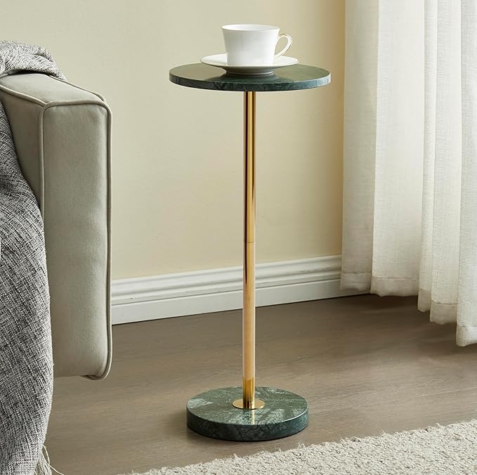 Premium Small Round Natural Marble Stone Pedestal Side Table, End Table, Mini Drink Table with Upgraded Weighted Marble Base, for Livingroom, Bedroom, Bathroom, Balcony, Small Spaces (Emerald Green)
