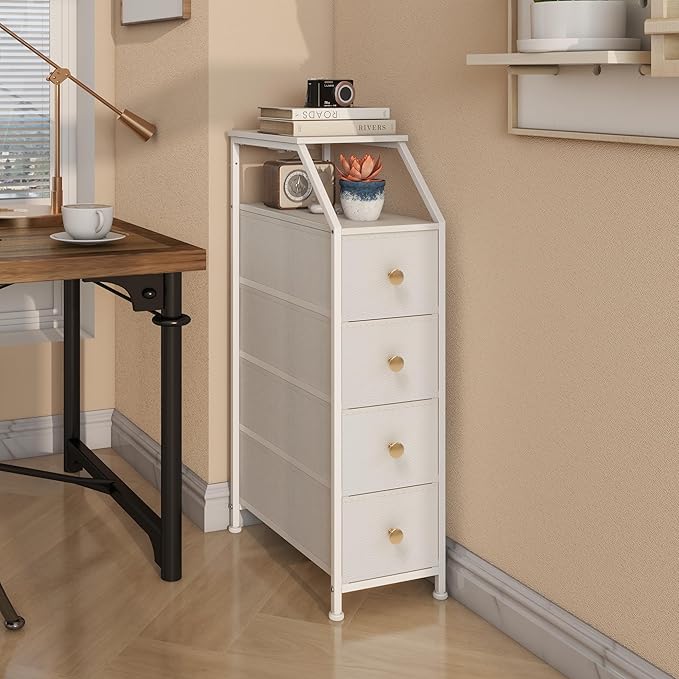 Tohomeor Narrow Dresser Tall Skinny Storage Tower Vertical Slim Chest of Drawers with Charging Station Small Nightstand Side Table for Bedroom, Bathroom, Small Spaces (White, 4 Drawers)