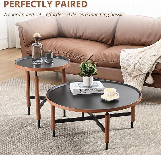 HEAH-YO Round Nesting Coffee Table Set of 2, Wood Tray Top Accent Table with Walnut Wrapped Metal Legs, Industrial & Farmhouse End Table for Living Room/Office Reception, Black