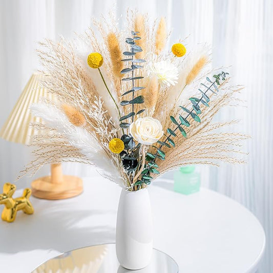 Dried Flowers kit Reed Diffuser for Home Decor (White Ceramic Vase Included) Boho Decor , Eucalyptus Pampas Grass Bunny Tail Arrangements,Table Room Decor Wedding Party Birthday