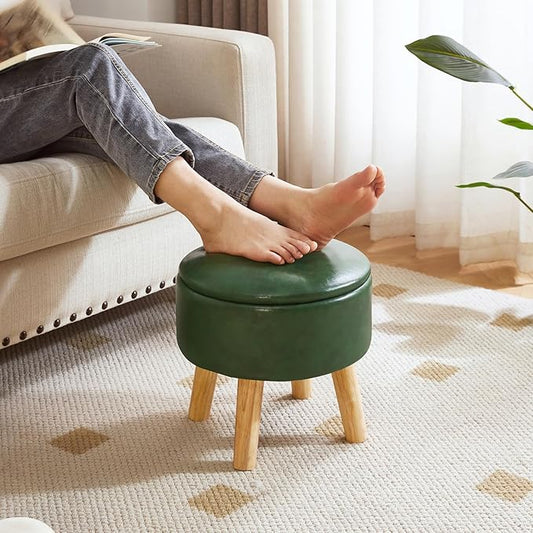 IBUYKE 13 Inch Foot Stool Ottoman with Storage, Round Small Foot Rest with Padded Seat and Wood Legs, PU Faux Leather Mini Footstool for Living Room Couch Bedroom Entryway, Dark-Green WBD023GR