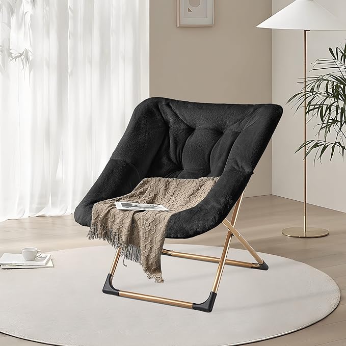 Comfy Oversized Saucer Chair, Soft Faux Fur Reading Lounge Chair for Adults, Stable X-Large Metal Frame and Non-Slip Pad, Foldable Cozy Chairs for Bedroom, Living Room, Dorm, Office, Black